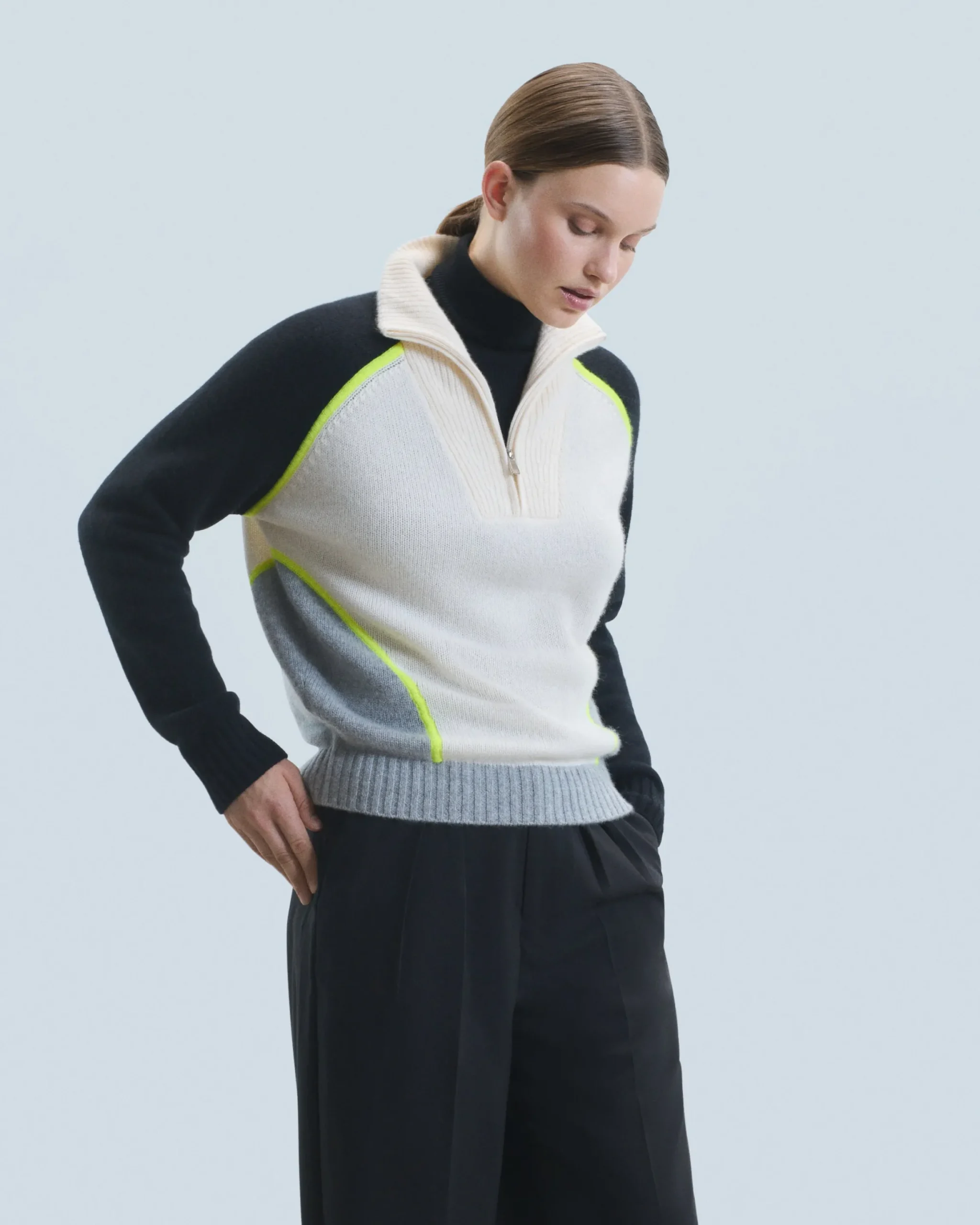 Bicolor Quarter Zip Neck Sweater