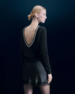 Crewneck Rhinestone Backless Sweater