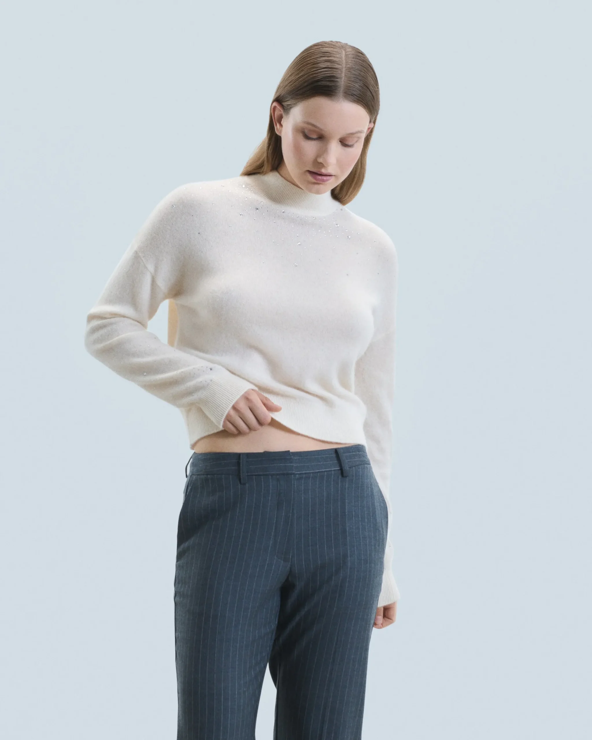 Mock Neck Light Sweater with Rhinestones