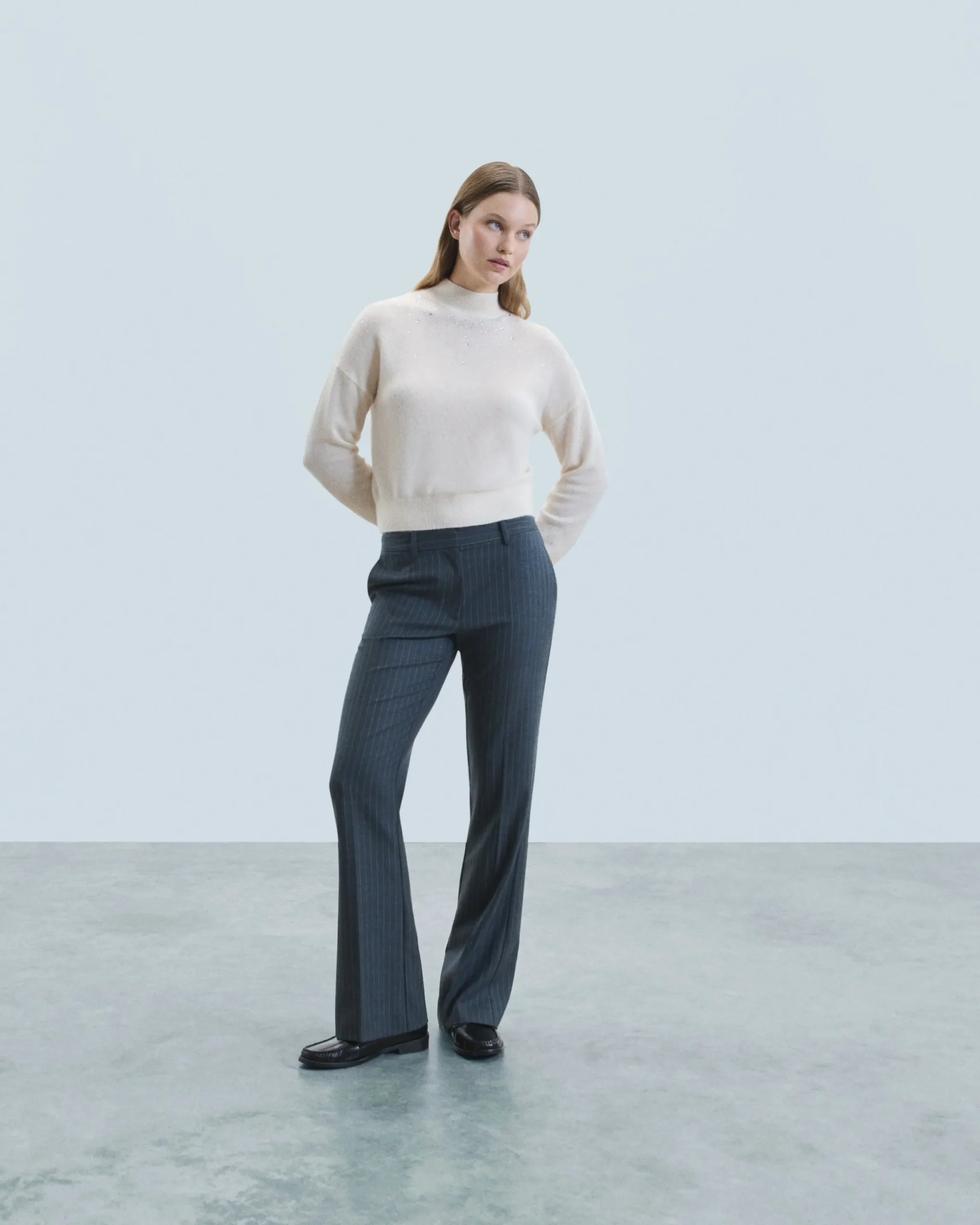 Mock Neck Light Sweater with Rhinestones