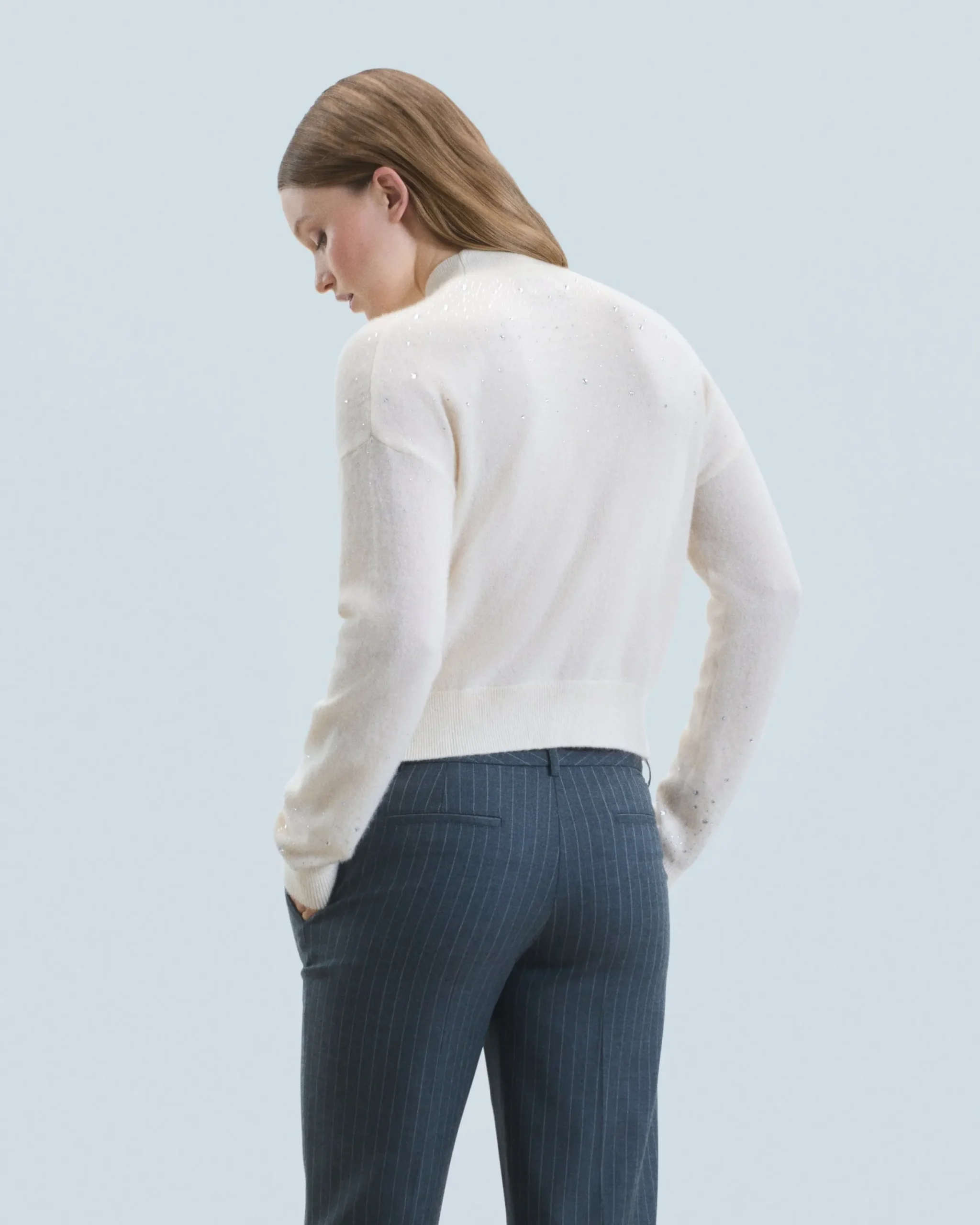 Mock Neck Light Sweater with Rhinestones