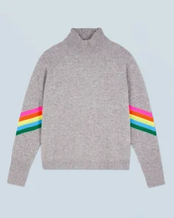 Mock Neck Sweater with Multicolor Striped Sleeves Light