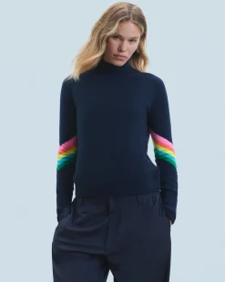 Mock Neck Sweater with Multicolor Striped Sleeves Light