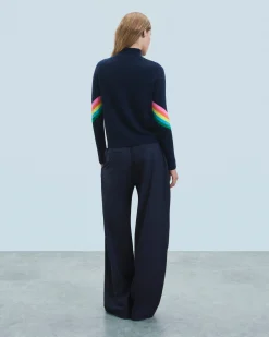 Mock Neck Sweater with Multicolor Striped Sleeves Light