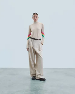 Mock Neck Sweater with Multicolor Striped Sleeves Light