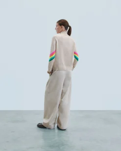 Mock Neck Sweater with Multicolor Striped Sleeves Light
