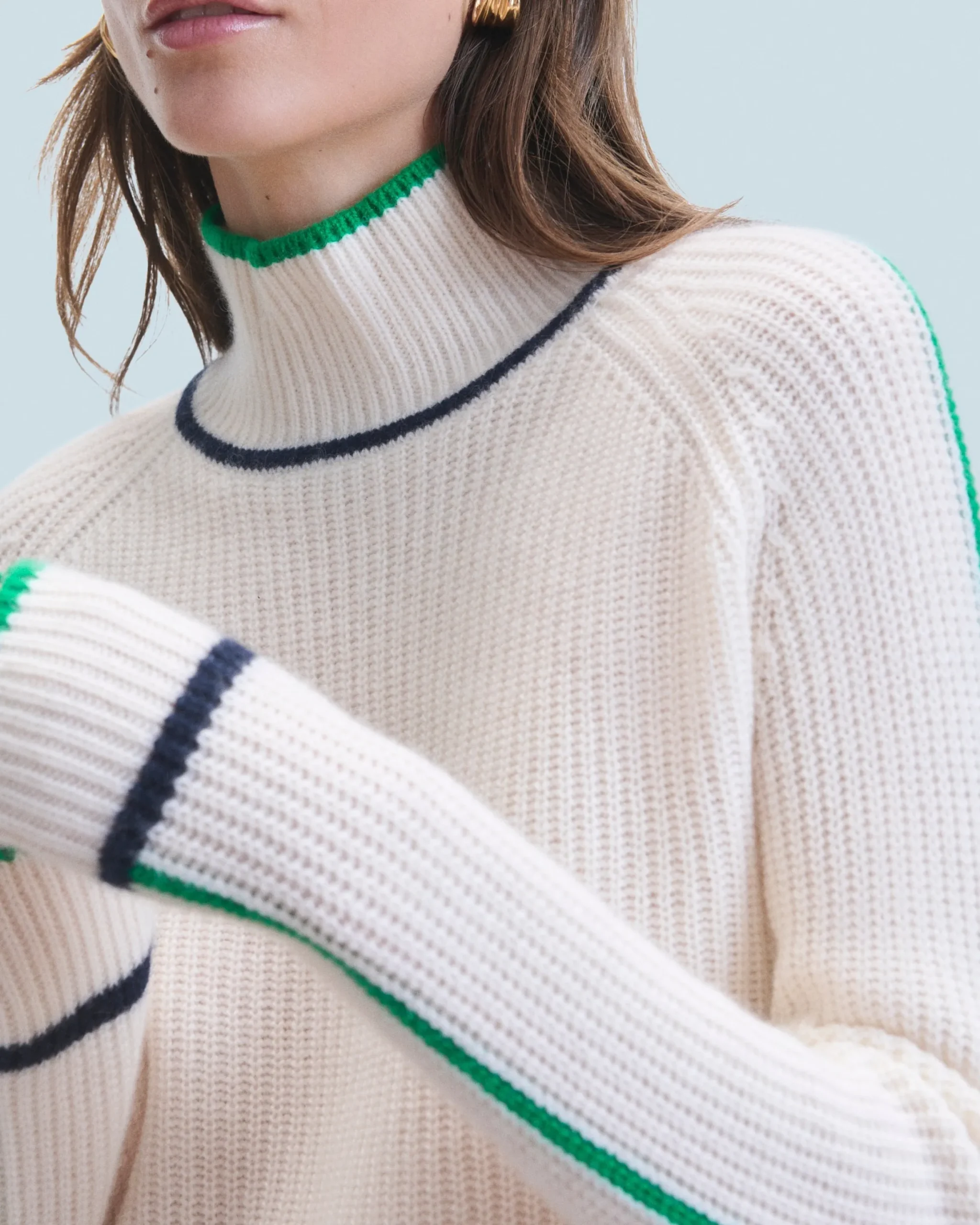 Mock Neck Tricolor Sweater in Textured Knit